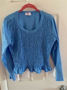 Pink Lily Sky Blue Smocked Long Sleeve Ruffle Hem Top